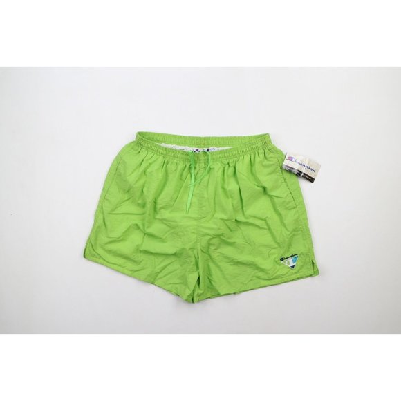 NOS Vintage 90s Champion Mens XL Spell Out Lined Nylon Shorts Swim Trunks Green